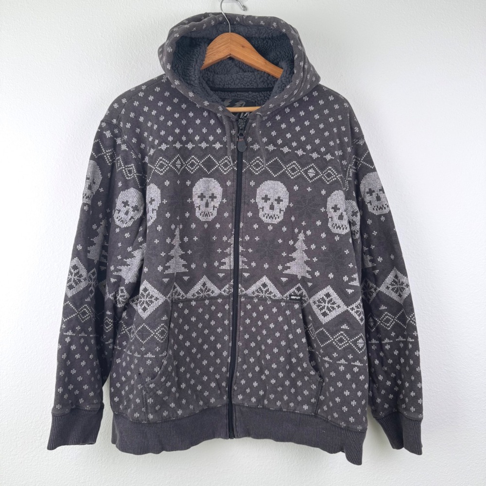 Amplify Zip Hoodie Mens XL Grey Excellent Vintage Skull Sherpa Streetwear